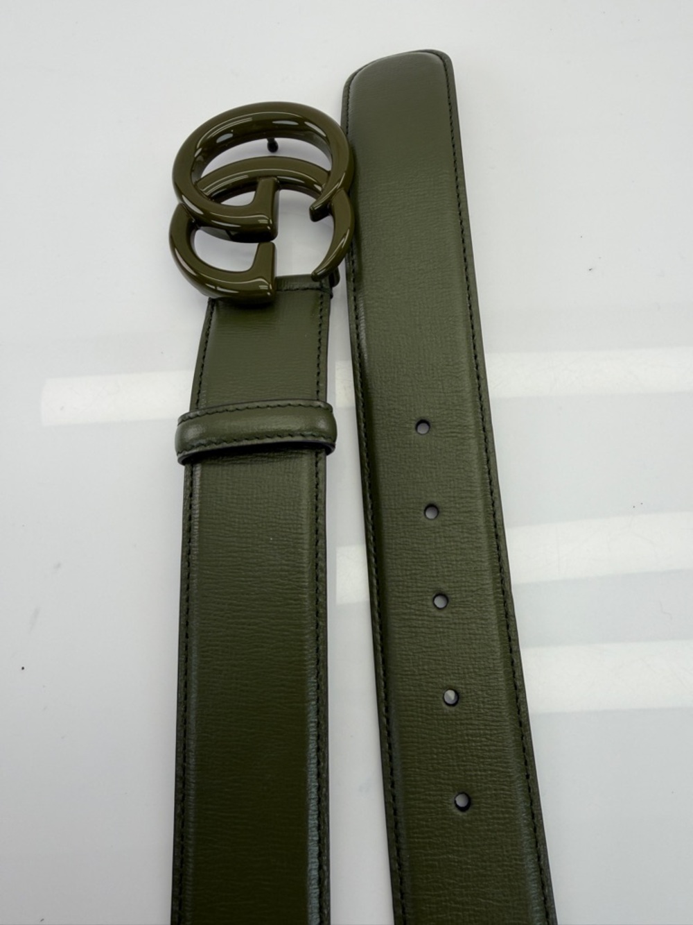 Authentic Gucci Monochrome Gg Wide Marmont Enamel Green Belt 75/30 400593 - Picture 5 of 8